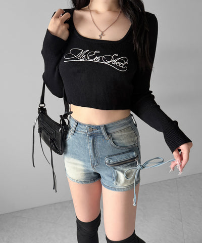 リボンストリングカーゴポケットデニムショートパンツ／ribbon string cargo pocket denim short pants