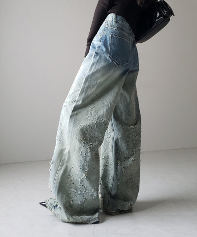 【 ２color ／ ４size 】グラデーションクラッシュダメージワイドデニムパンツ ／ gradation crash damage wide denim pants