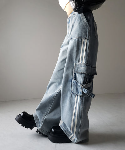 【 ２color ／ ４size 】サイドラインストレートカーゴデニムパンツ ／ sideline straight cargo denim pants