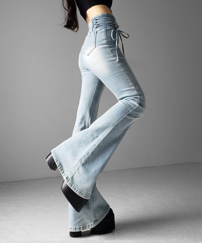 サイドレースアップリボン美脚ストレッチフレアデニム ／ side laceup ribbon slim leg stretch flare denim