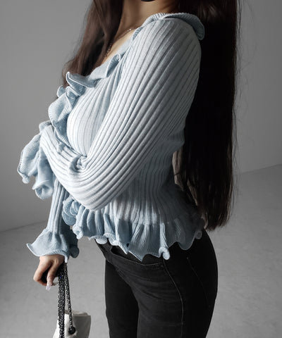 シアーフリル長袖リブニットカーディガン ／ sheer frill long-sleeve ribbed knit cardigan