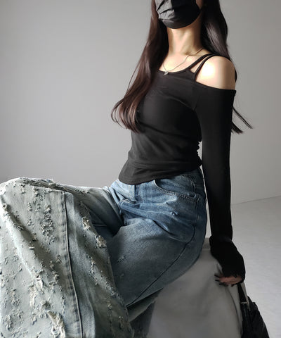 【 ２color ／ ４size 】グラデーションクラッシュダメージワイドデニムパンツ ／ gradation crash damage wide denim pants