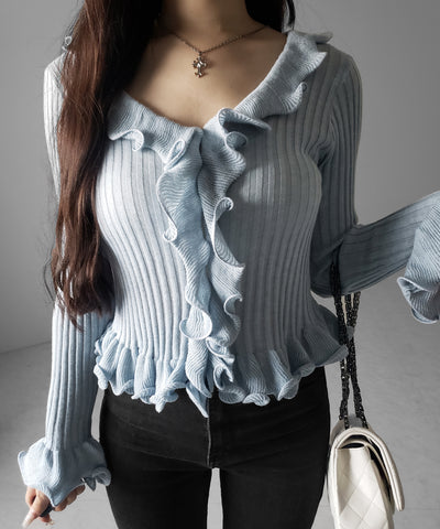 シアーフリル長袖リブニットカーディガン ／ sheer frill long-sleeve ribbed knit cardigan