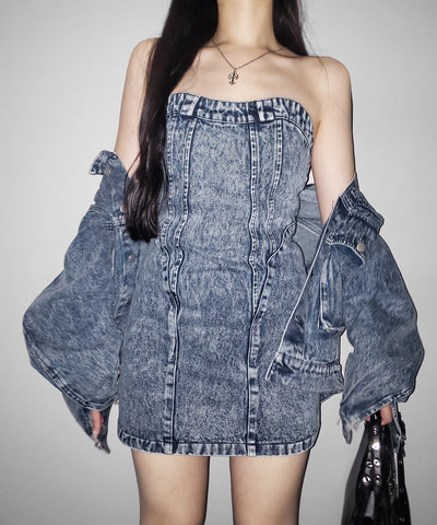 【 デニムセットアップ着用可能 】２WAYヴィンテージケミカルブリーチデニムベアミニワンピース ／ vintage chemical bleach denim bare mini onepiece