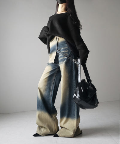 【 ２color ／４size 】ラップレイヤードバイカラーブリーチワイドデニム ／ wrap layered bicolor bleach wide denim