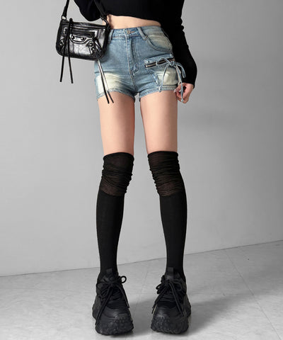 リボンストリングカーゴポケットデニムショートパンツ／ribbon string cargo pocket denim short pants