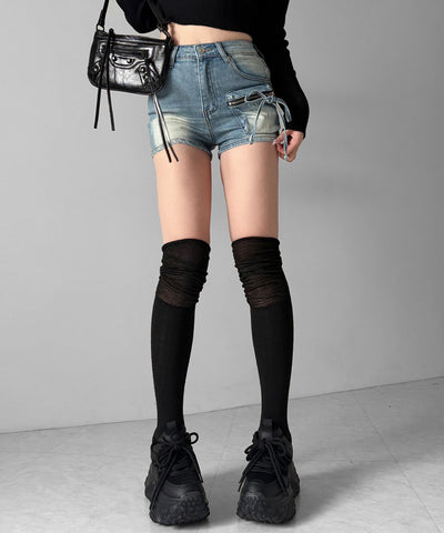 リボンストリングカーゴポケットデニムショートパンツ／ribbon string cargo pocket denim short pants