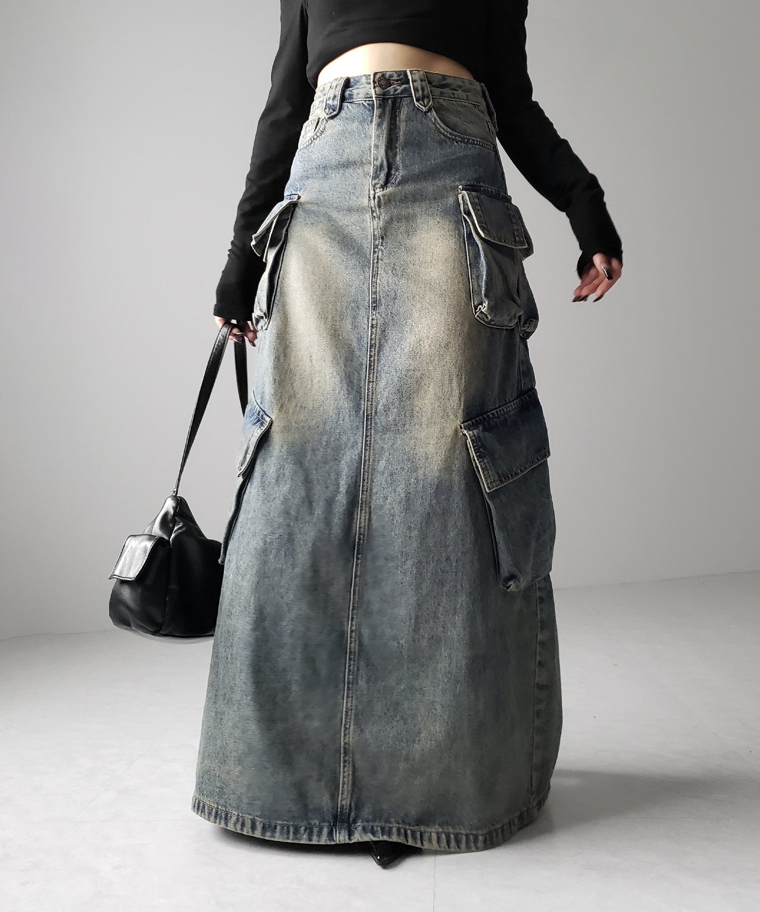 【 ３size ／ ２color 】６ポケットヴィンテージロングカーゴデニムスカート ／ 6 pocket vintage long cargo denim skirt