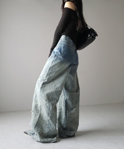 【 ２color ／ ４size 】グラデーションクラッシュダメージワイドデニムパンツ ／ gradation crash damage wide denim pants