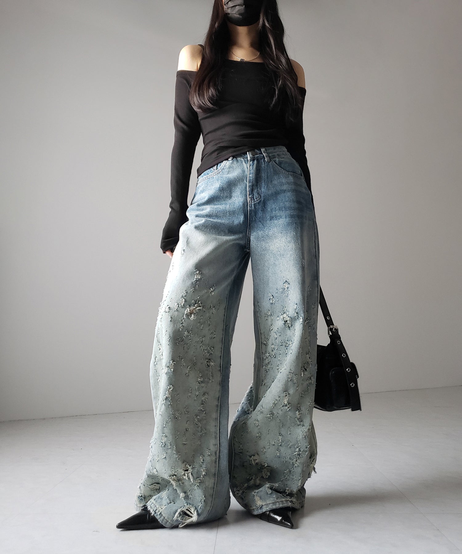 【 ２color ／ ４size 】グラデーションクラッシュダメージワイドデニムパンツ ／ gradation crash damage wide denim pants