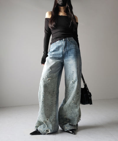 【 ２color ／ ４size 】グラデーションクラッシュダメージワイドデニムパンツ ／ gradation crash damage wide denim pants