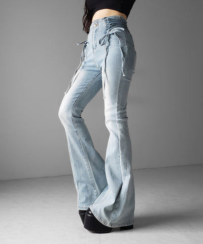 サイドレースアップリボン美脚ストレッチフレアデニム ／ side laceup ribbon slim leg stretch flare denim