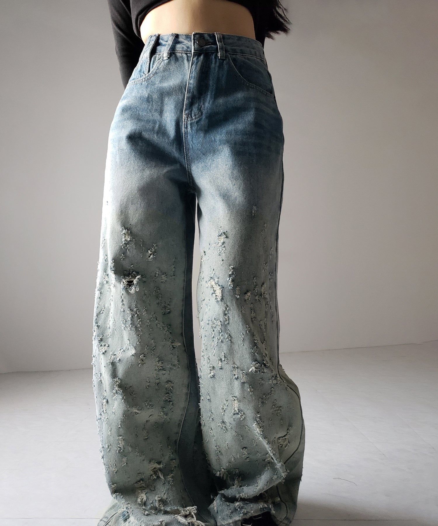 【 ２color ／ ４size 】グラデーションクラッシュダメージワイドデニムパンツ ／ gradation crash damage wide denim pants