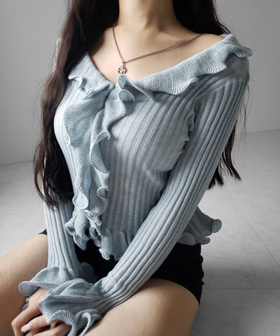 シアーフリル長袖リブニットカーディガン ／ sheer frill long-sleeve ribbed knit cardigan