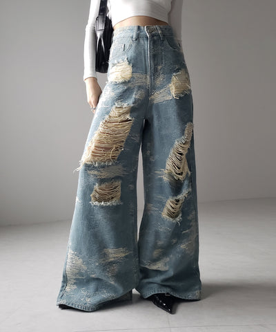 【 ２color ／ ４size 】クラッシュダメージバイカラースラブワイドデニム ／ crash damaged bicolor slab wide denim