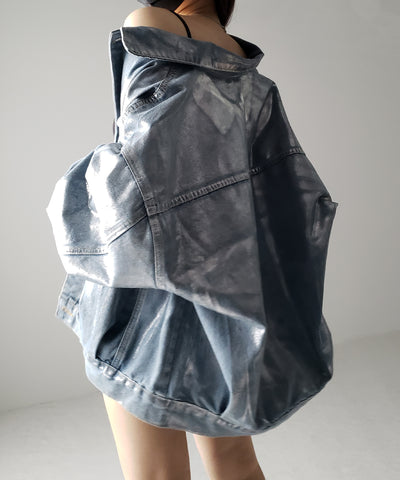 【 ２color 】メタリックハクプリントビッグシルエットボーイフレンドウォッシュデニムジャケット