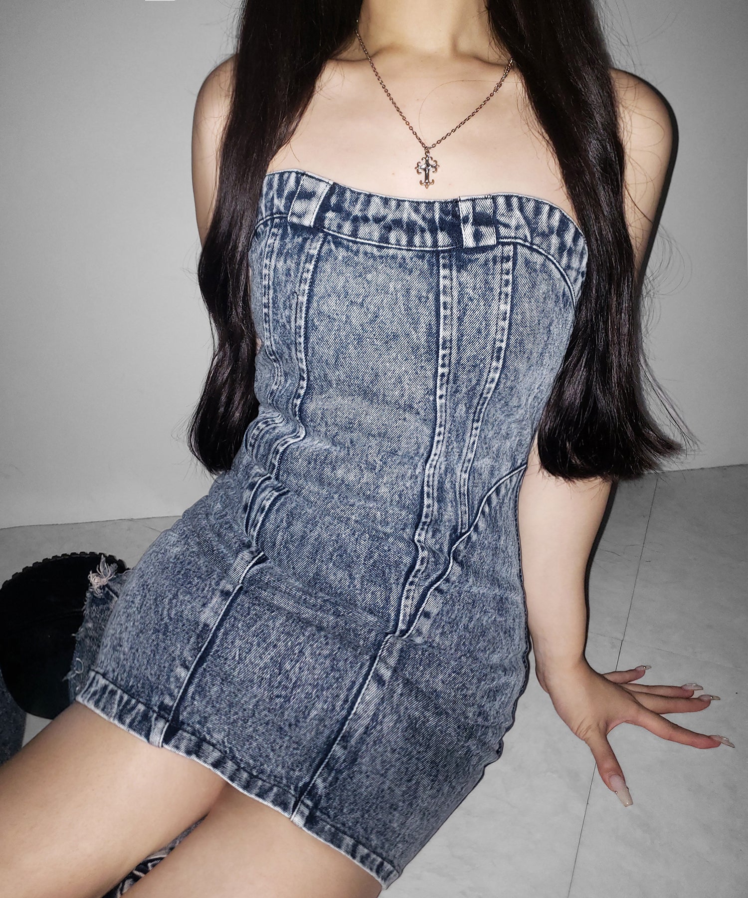 【 デニムセットアップ着用可能 】２WAYヴィンテージケミカルブリーチデニムベアミニワンピース ／ vintage chemical bleach denim bare mini onepiece