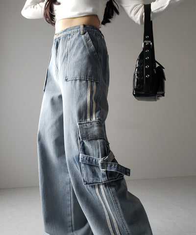【 ２color ／ ４size 】サイドラインストレートカーゴデニムパンツ ／ sideline straight cargo denim pants