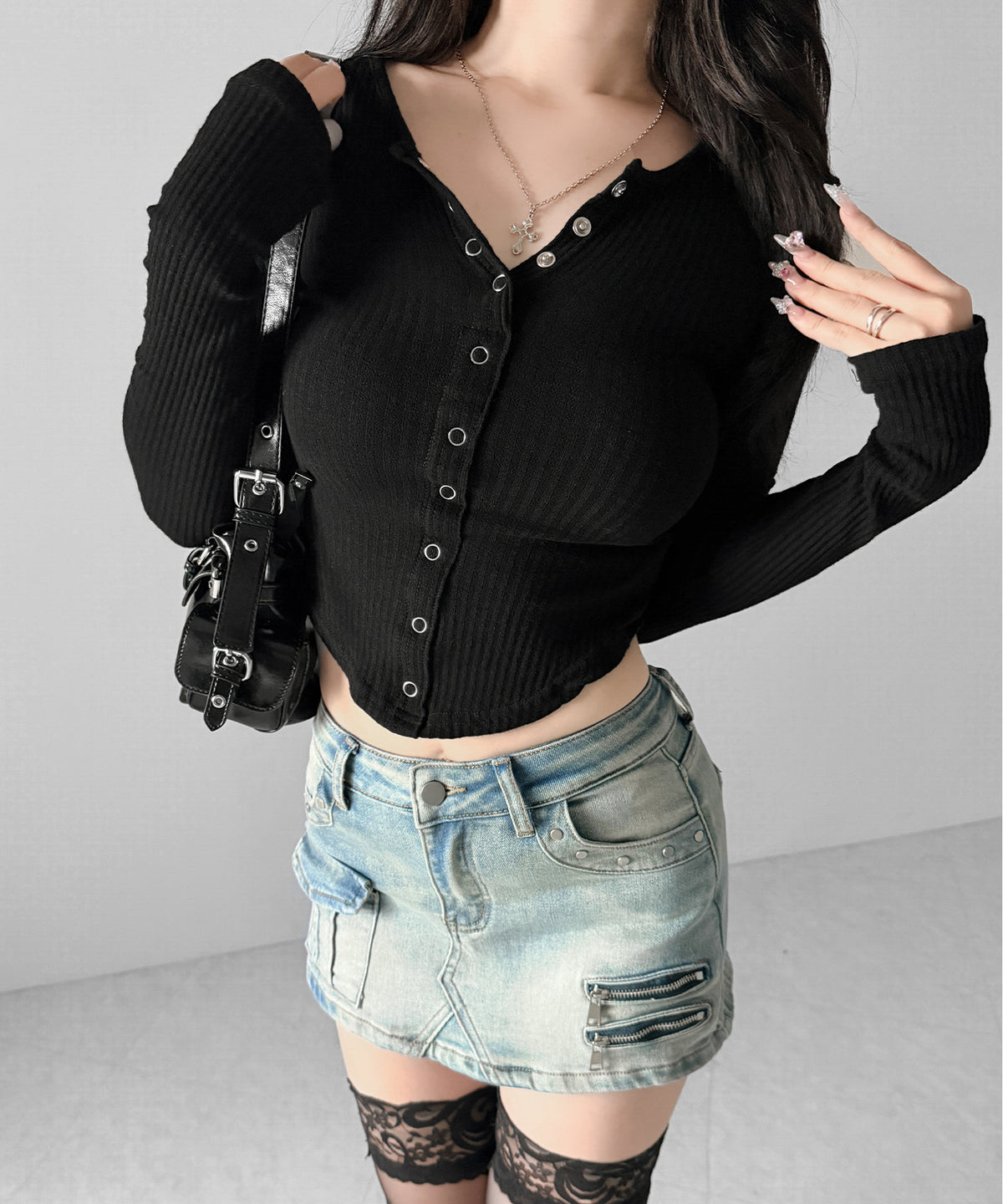 スタッズジップデザインストレッチデニムミニスカパン／ studs zip design stretch denim mini skirt pants