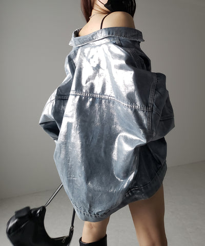 【 ２color 】メタリックハクプリントビッグシルエットボーイフレンドウォッシュデニムジャケット