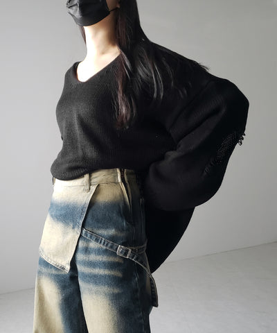 【 ２color ／４size 】ラップレイヤードバイカラーブリーチワイドデニム ／ wrap layered bicolor bleach wide denim