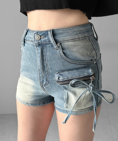 リボンストリングカーゴポケットデニムショートパンツ／ribbon string cargo pocket denim short pants