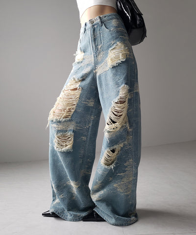 【 ２color ／ ４size 】クラッシュダメージバイカラースラブワイドデニム ／ crash damaged bicolor slab wide denim