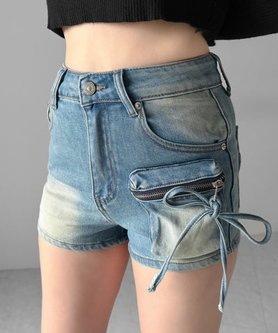 リボンストリングカーゴポケットデニムショートパンツ／ribbon string cargo pocket denim short pants