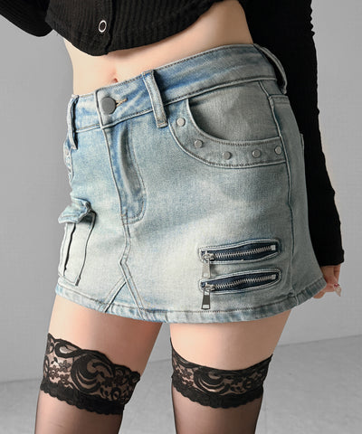 スタッズジップデザインストレッチデニムミニスカパン／ studs zip design stretch denim mini skirt pants
