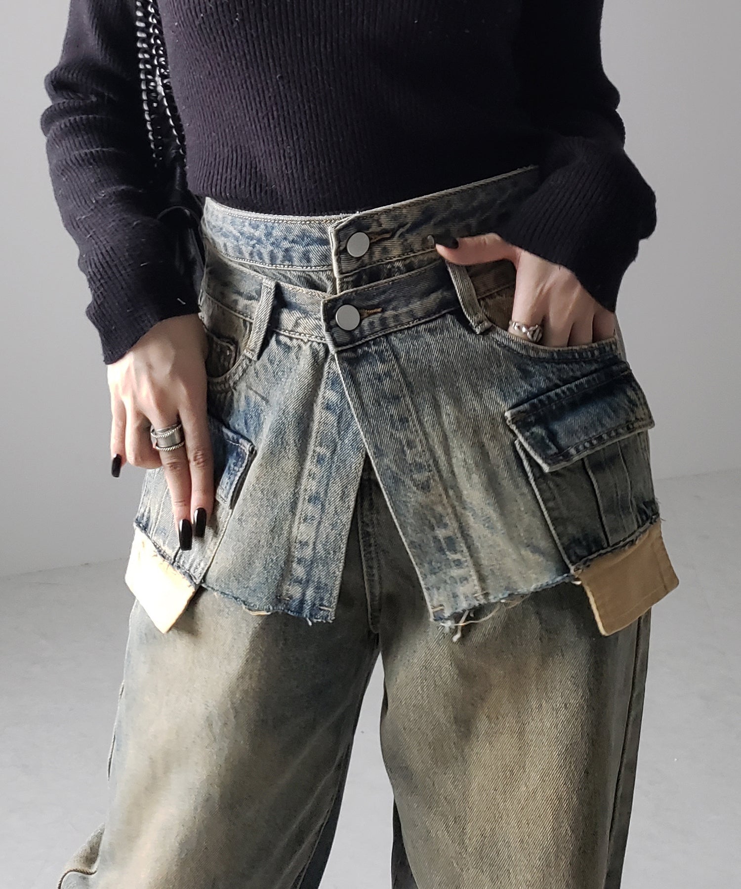 【 ４size ／ ２color 】ダブルウエストダメージレイヤードヴィンテージルーズデニム