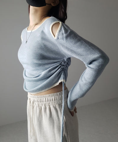 【 ４color 】パイピングカットアウトサイドリボンニットトップス
