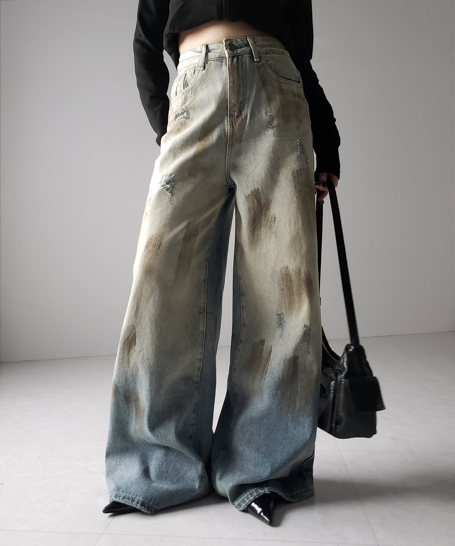 【 ２color ／ ４size 】ヴィンテージペイントグラデーションワイドデニムパンツ ／ vintage paint gradation wide denim pants