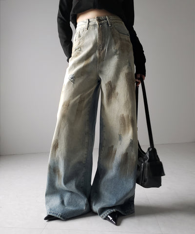 【 ２color ／ ４size 】ヴィンテージペイントグラデーションワイドデニムパンツ ／ vintage paint gradation wide denim pants