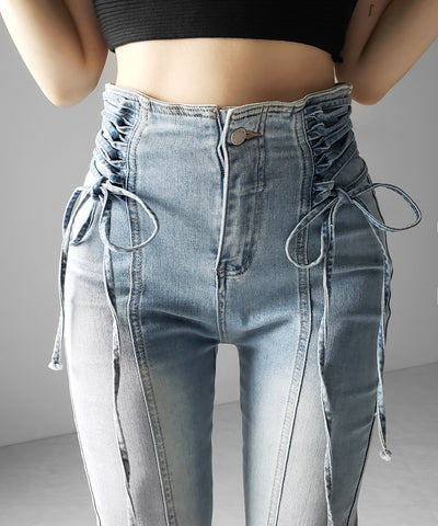 サイドレースアップリボン美脚ストレッチフレアデニム ／ side laceup ribbon slim leg stretch flare denim