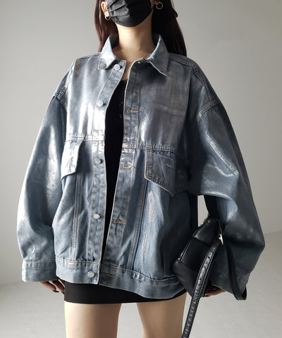【 ２color 】メタリックハクプリントビッグシルエットボーイフレンドウォッシュデニムジャケット