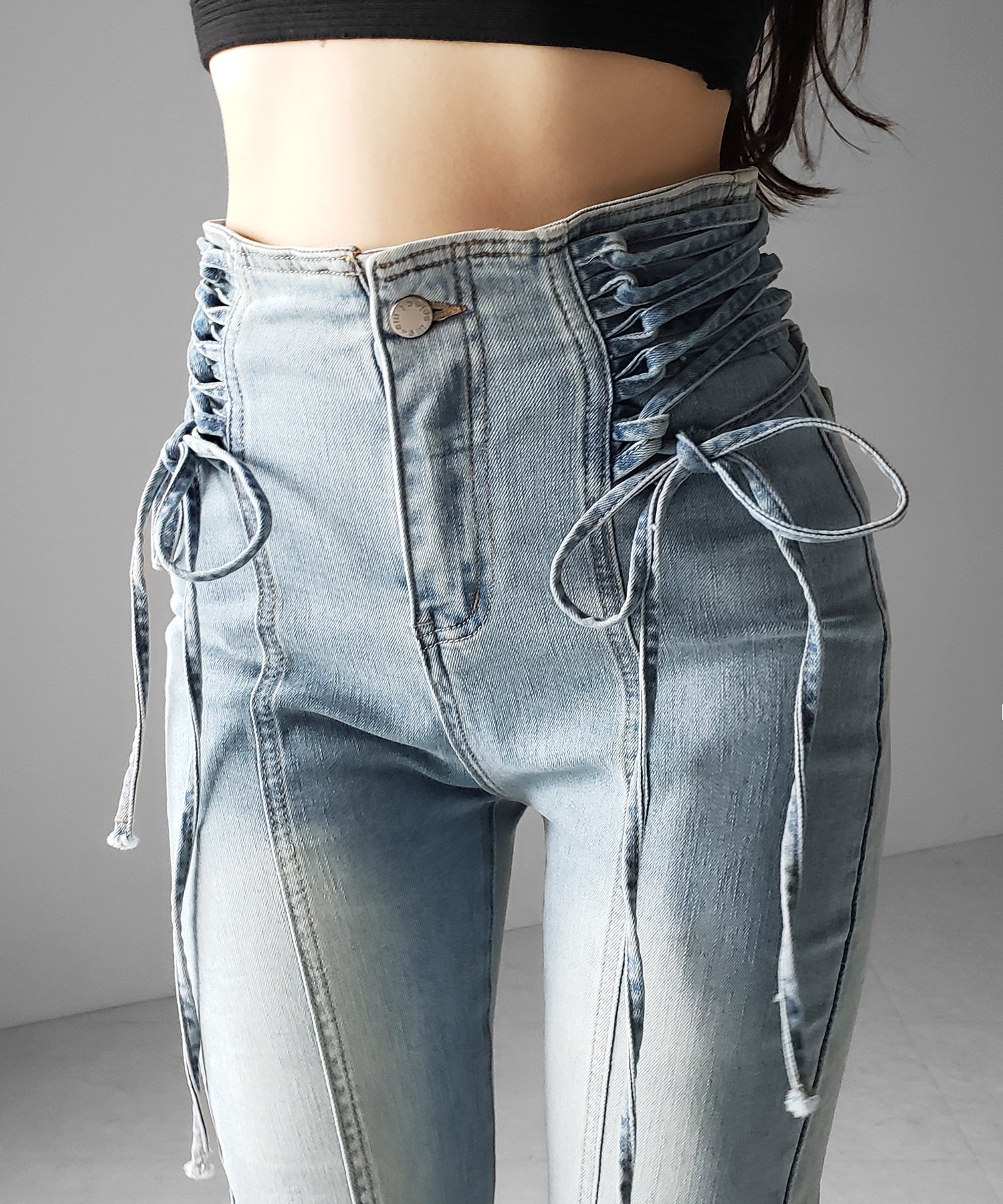 サイドレースアップリボン美脚ストレッチフレアデニム ／ side laceup ribbon slim leg stretch flare denim