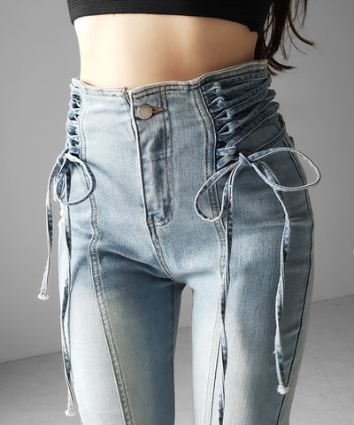 サイドレースアップリボン美脚ストレッチフレアデニム ／ side laceup ribbon slim leg stretch flare denim