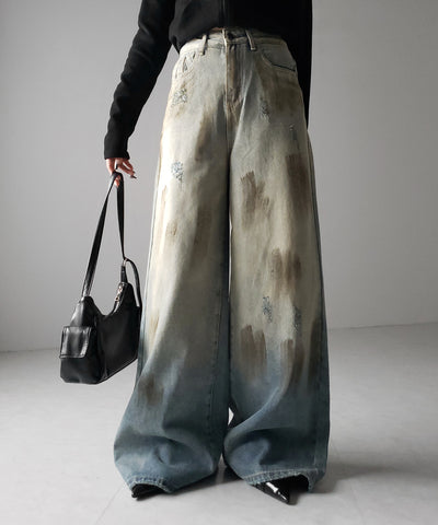【 ２color ／ ４size 】ヴィンテージペイントグラデーションワイドデニムパンツ ／ vintage paint gradation wide denim pants