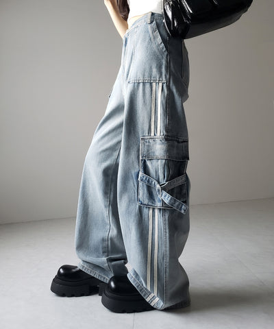 【 ２color ／ ４size 】サイドラインストレートカーゴデニムパンツ ／ sideline straight cargo denim pants
