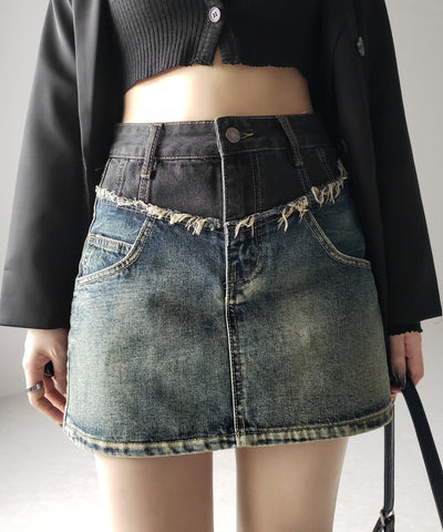 【 ３size ／ ２color 】ダメージドッキングヴィンテージデニムミニスカート ／damage docking vintage denim mini skirt