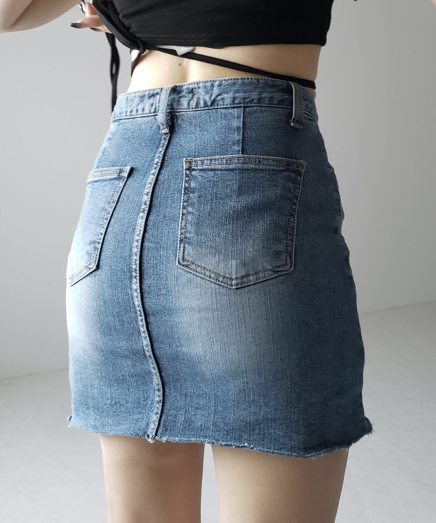 【 ３size 】ウォッシュデニムストレッチダメージミニスカパン ／ wash denim stretch damaged mini skirt