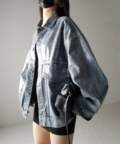 【 ２color 】メタリックハクプリントビッグシルエットボーイフレンドウォッシュデニムジャケット