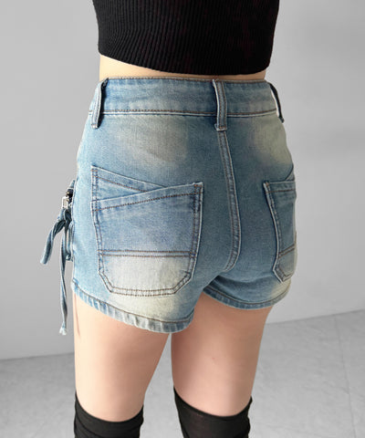 リボンストリングカーゴポケットデニムショートパンツ／ribbon string cargo pocket denim short pants