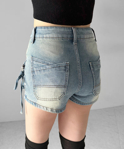 リボンストリングカーゴポケットデニムショートパンツ／ribbon string cargo pocket denim short pants