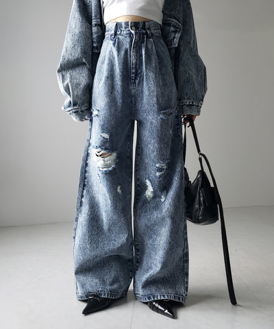 【 デニムセットアップ着用可能 】ヴィンテージケミカルブリーチタックダメージワイドデニム ／ vintage chemical bleach tuck damage wide denim