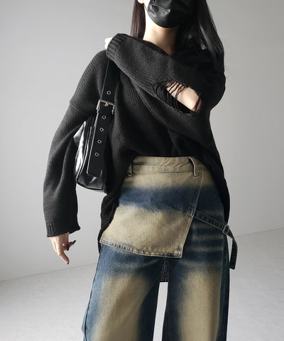 【 ２color ／４size 】ラップレイヤードバイカラーブリーチワイドデニム ／ wrap layered bicolor bleach wide denim