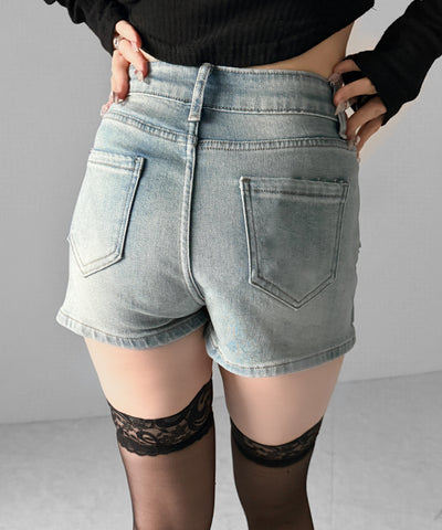 スタッズジップデザインストレッチデニムミニスカパン／ studs zip design stretch denim mini skirt pants