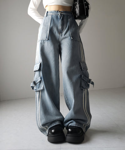【 ２color ／ ４size 】サイドラインストレートカーゴデニムパンツ ／ sideline straight cargo denim pants