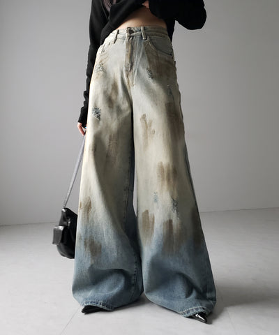【 ２color ／ ４size 】ヴィンテージペイントグラデーションワイドデニムパンツ ／ vintage paint gradation wide denim pants