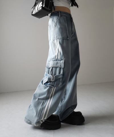 【 ２color ／ ４size 】サイドラインストレートカーゴデニムパンツ ／ sideline straight cargo denim pants